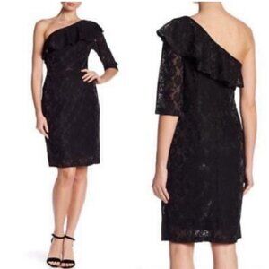 NWT Nordstrom One Shoulder Sheath Dress Black Metallic Ruffle Party